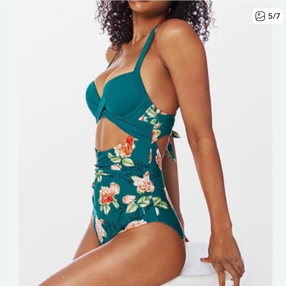Cupshe Teal Floral Cutout One-Piece Swimsuit